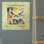 Reloj Cuadrado Los abuelos Collage de fotos una acuarela verde ru<br><div class="desc">Crea tu propio reloj de pared único para abuelos usando 8 de tus fotos favoritas. Leyendo a mano en bella caligrafía, la frase dice "la risa de un nieto es el sol en la casa". El diseño tiene un suave fondo de color verde agua con tipografía verde oliva y amarilla....</div>