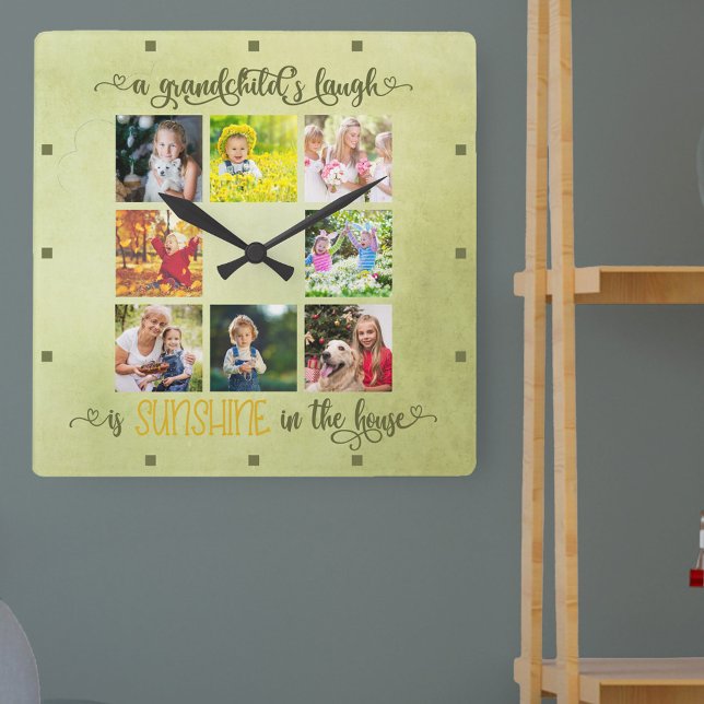 Reloj Cuadrado Los abuelos Collage de fotos una acuarela verde ru (Beer Clock with mock neon bar sign design.)