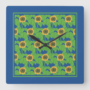 Reloj Cuadrado Los girasoles dorados en un fondo azul brillante
