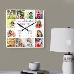 Reloj Cuadrado Los nietos hacen de la vida un gran presupuesto 12<br><div class="desc">Reloj de fotos para abuelos con 12 de tus fotos favoritas. Crea tu propio collage de fotos de estilo de cuadrícula y agrega los nombres de los nietos (2 a 8 nombres se ven mejor). La cita dice "los nietos hacen la vida grandiosa" y se termina con un corazón de...</div>