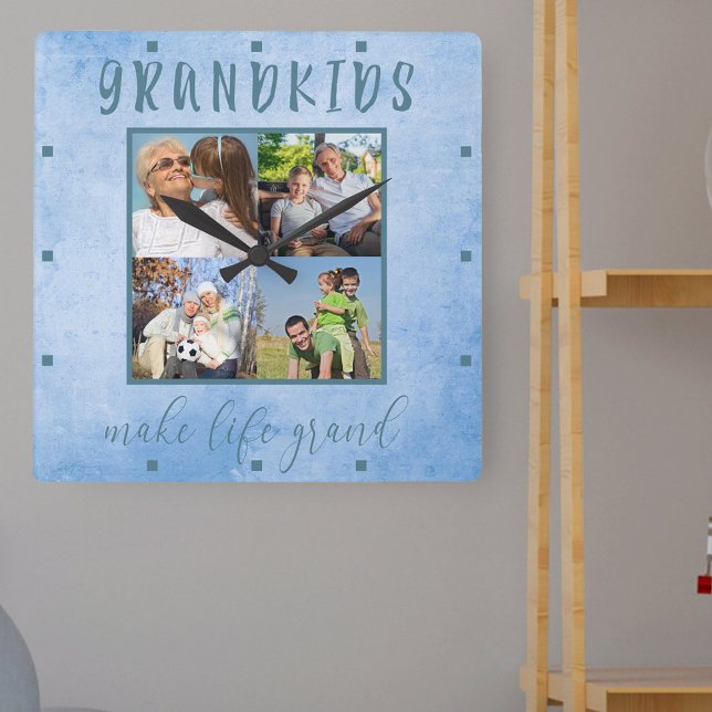 Reloj Cuadrado Los nietos hacen la vida Grand 4 Photo Blue Waterc (Photo gift for grandparents or grandchildren with 4 of your fave pics)