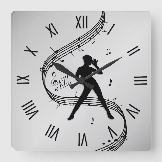 Reloj Cuadrado Los números romanos del baile de jazz plateado (Anverso)