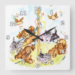 Reloj Cuadrado Los perritos y los gatitos lindos se dirigen el