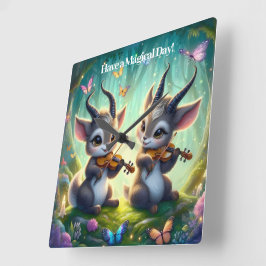 Reloj Cuadrado Los salvajes saolas juegan violas en un bosque mág