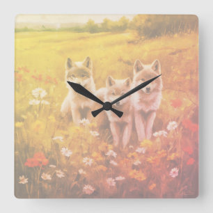 Reloj Cuadrado Los tres cachorros de lobo gris esperando
