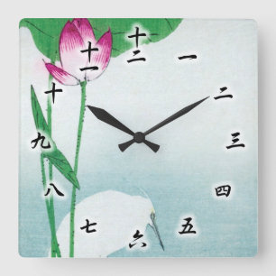 Reloj Cuadrado Loto y garza blanca, Koson, Ukiyo-e