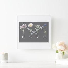Reloj Cuadrado LOVE Floral – Impresión Botánica Romántica