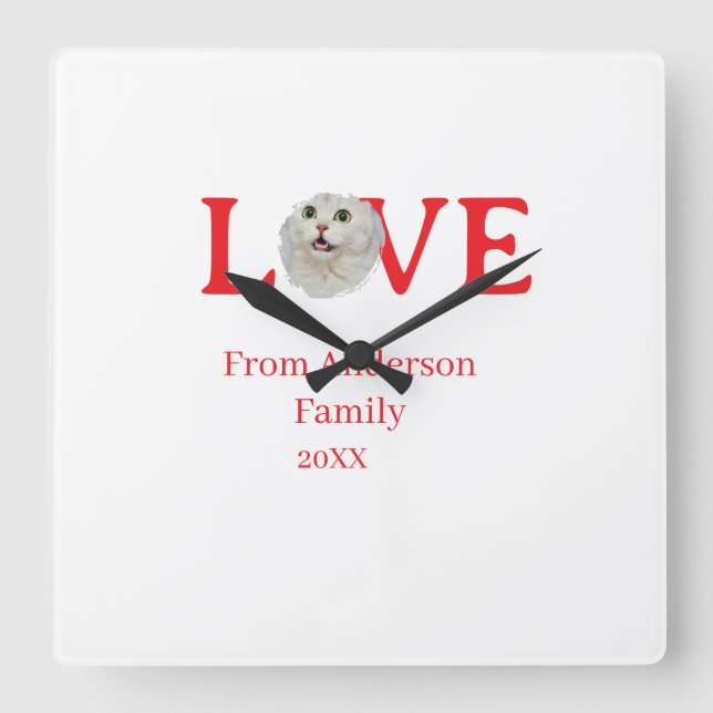Reloj Cuadrado Love holidays cat photo pet family name bold lette (Anverso)
