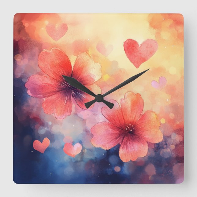 Reloj Cuadrado Love in Bloom – Romantic Square Floral Wall Clock (Anverso)