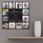 Reloj Cuadrado Love is a Wonderful Thing Quote 12 Photo Black<br><div class="desc">Photo clock with happy quote and 12 of your favorite pictures of family and friends. The photo template is set up for you to create your own grid style photo collage to frame the quote reads "love is a wonderful thing". The design is lettered in elegant handwritten script and skinny...</div>