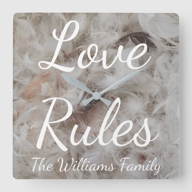 Reloj Cuadrado Love Rules Bird Feathers Photography Elegant (Anverso)