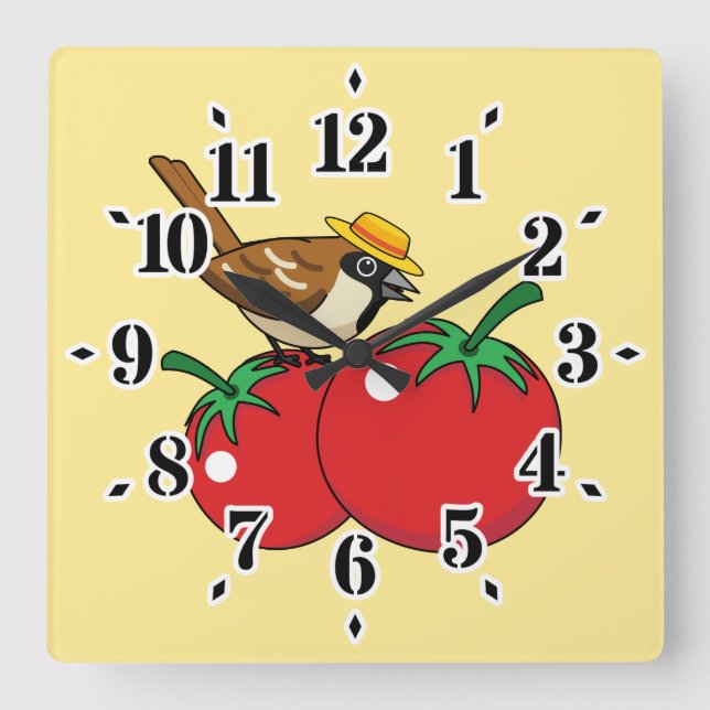 Reloj Cuadrado Lover Sparrow Orgánico Comer Tomate Rojo (Anverso)