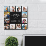 Reloj Cuadrado Loving Life with You Cita 12 Photo Black<br><div class="desc">Reloj de fotos con cita feliz y 12 de tus fotos favoritas de familia y amigos. La plantilla de fotos está preparada para que usted cree su propio collage de fotos de estilo cuadrícula para enmarcar la cita que dice "amando la vida contigo". El diseño está escrito en escritura limpia...</div>