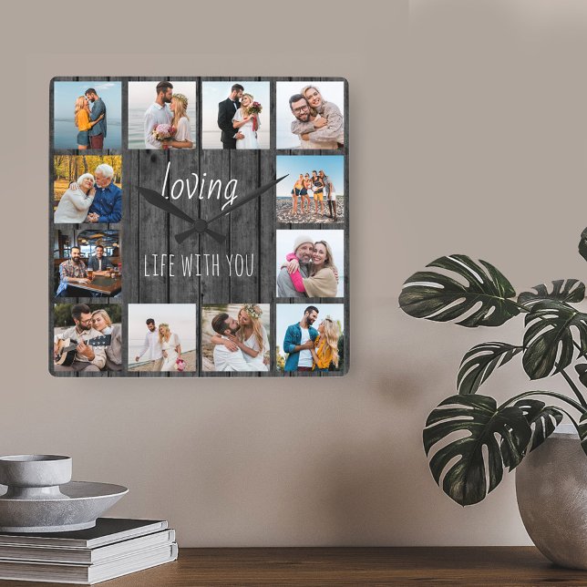 Reloj Cuadrado Loving Life with You Cita 12 Photo Gray Wood (Grey wood effect clock with 12 photos - lettered with "loving life with you")