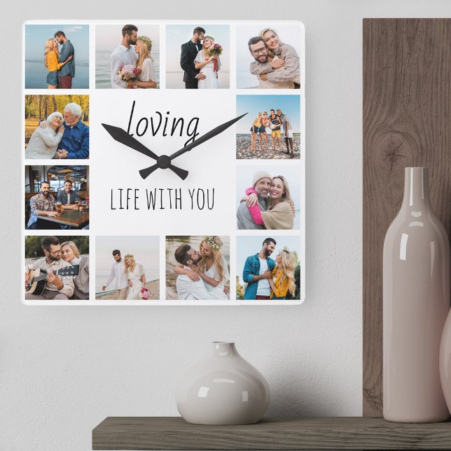 Reloj Cuadrado Loving Life with You Cita 12 Photo White (Loving life with you .. stylish useful photo gift for romantic couples, anniversary, engagement ..)