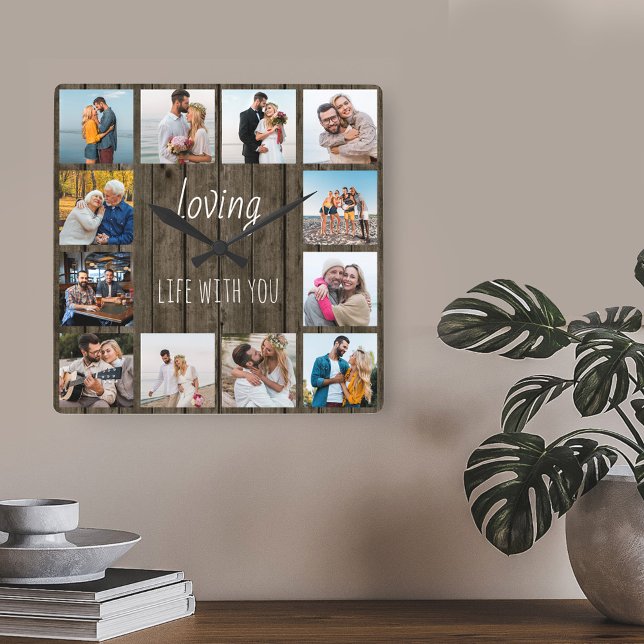 Reloj Cuadrado Loving Life with You Cita 12 Photo Wood (Wood effect clock with 12 photos - lettered with "loving life with you")