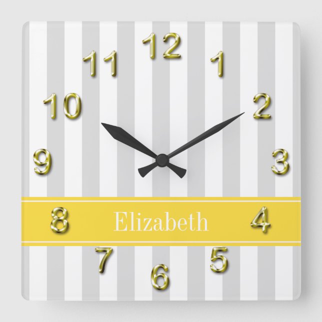 Reloj Cuadrado Lt Gray White Stripe Pineapple Name Monogram (Anverso)