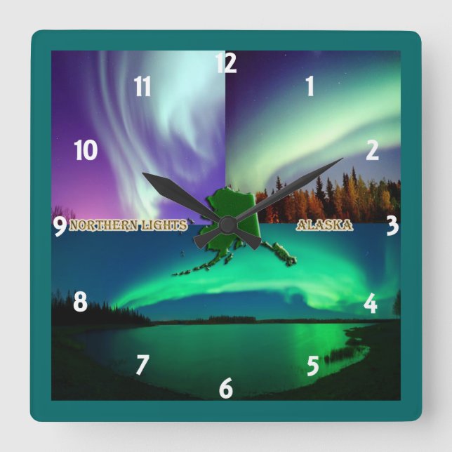 Reloj Cuadrado Luces boreales del Collage de Alaska (Anverso)