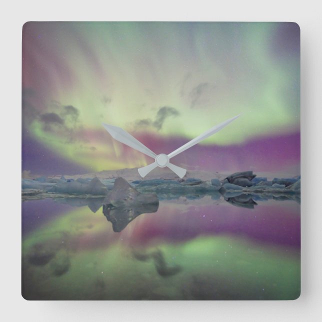 Reloj Cuadrado Luces de Aurora reflejan laguna | Islandia (Anverso)