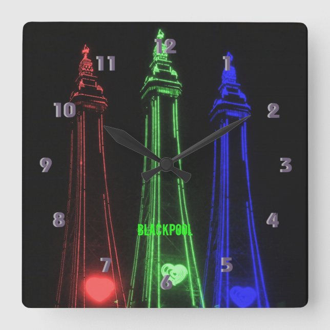 Reloj Cuadrado Luces de Torre Hermosas Blackpool, Rojo, Verde,  (Anverso)