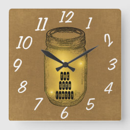 Reloj Cuadrado Luciérnagas en Mason Jar