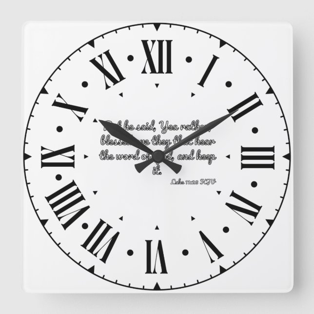 Reloj Cuadrado Luke 11:28 KJV Biblia contra negro número romano (Anverso)