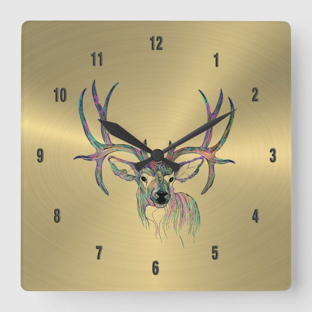 Reloj Cuadrado Luminoso Ilustracion Faux Gold y Colorido Deer (Anverso)