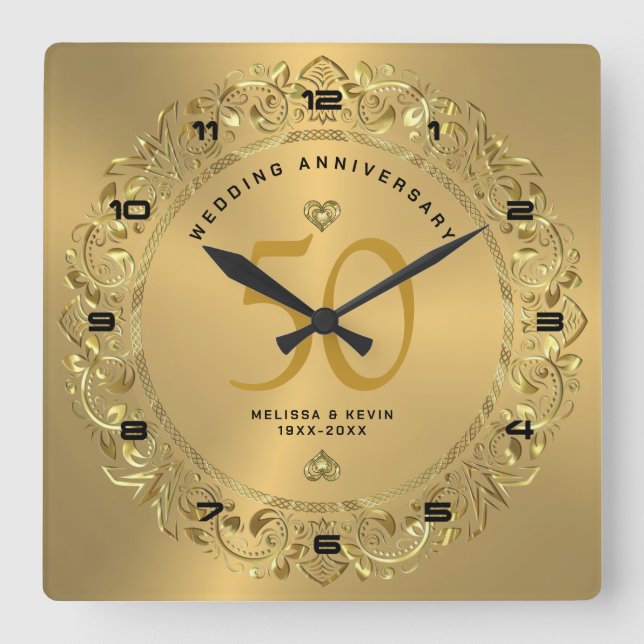 Reloj Cuadrado Luminoso oro Swirls Circle 50.º boda (Anverso)