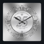 Reloj Cuadrado Luminoso zambullido de tobillo marco circular 25.º<br><div class="desc">Planilla de reloj de pared con 25 aniversario de boda brillante de lujo plateado giratorio circular.</div>