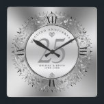 Reloj Cuadrado Luminoso zambullido de tobillo marco circular 25.º<br><div class="desc">Planilla de reloj de pared con 25 aniversario de boda brillante de lujo plateado giratorio circular.</div>