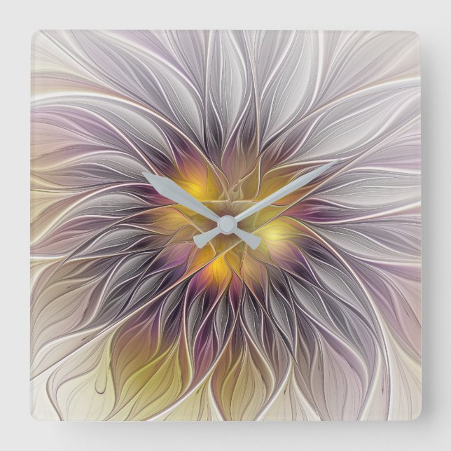 Reloj Cuadrado Luminous Colorful Flower, Abstract Modern Fractal (Anverso)