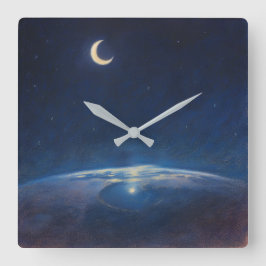 Reloj Cuadrado Luna Creciente desde el Espacio - Estilo de Pintur