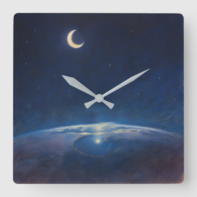 Reloj Cuadrado Luna Creciente desde el Espacio - Estilo de Pintur (Anverso)