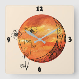 Reloj Cuadrado Luna naranja y flor de amapola