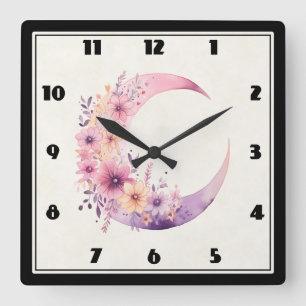 Reloj Cuadrado Luna rosa de media luna con flores de Bonito