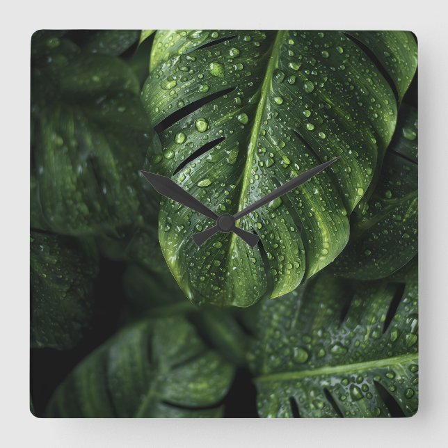 Reloj Cuadrado Lush Monstera Leaves with Morning Dew Drops (Anverso)
