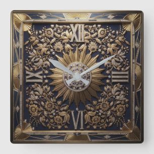 Reloj Cuadrado Luxury Blue and Gold Art Deco Bejeweled Floral