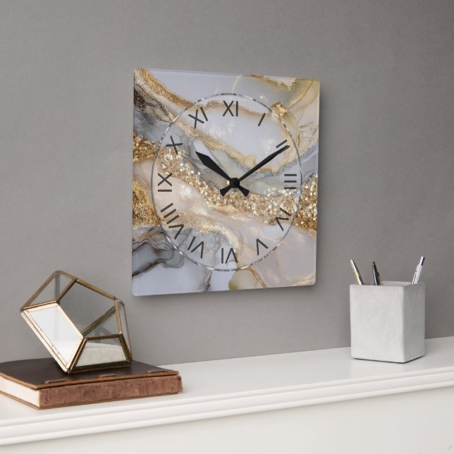 Reloj Cuadrado Luxury Gold & White Flowing Marble (Oficina)