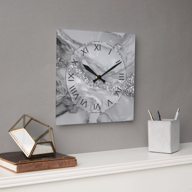 Reloj Cuadrado Luxury Silver & White Flowing Marble (Oficina)