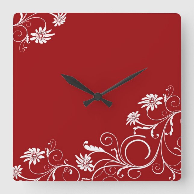 Reloj Cuadrado Luxury Wedding Red Floral Swirls Clock (Anverso)