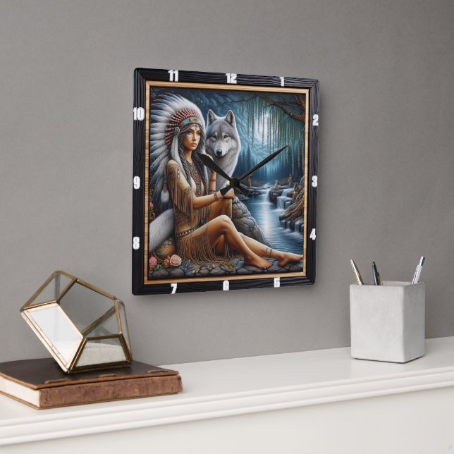 Reloj Cuadrado Luz del amanecer nativa: aún espíritu de estanquei (Oficina)