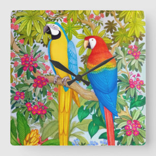 Reloj Cuadrado Macaw Parrots Tropical Birds Wall Clock