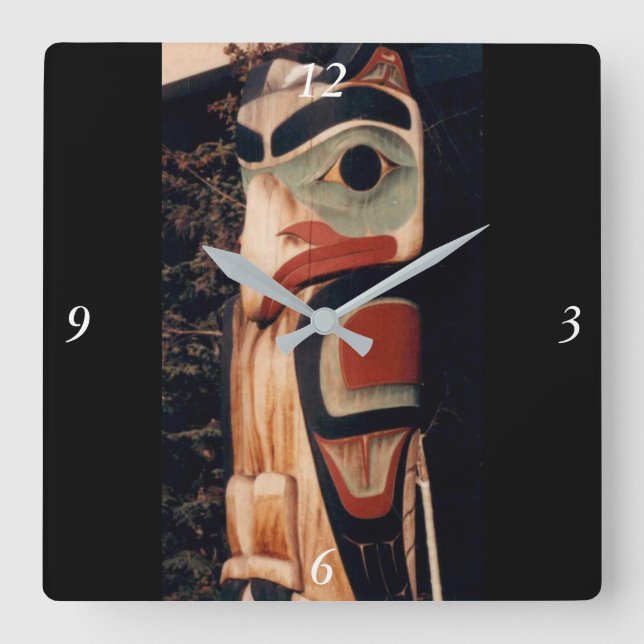 Reloj Cuadrado Madera Alaska tallada Sudeste Tótem Pole Fancy (Anverso)