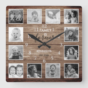 Reloj Cuadrado Madera De Familia De 12 Collages de fotos En Blanc