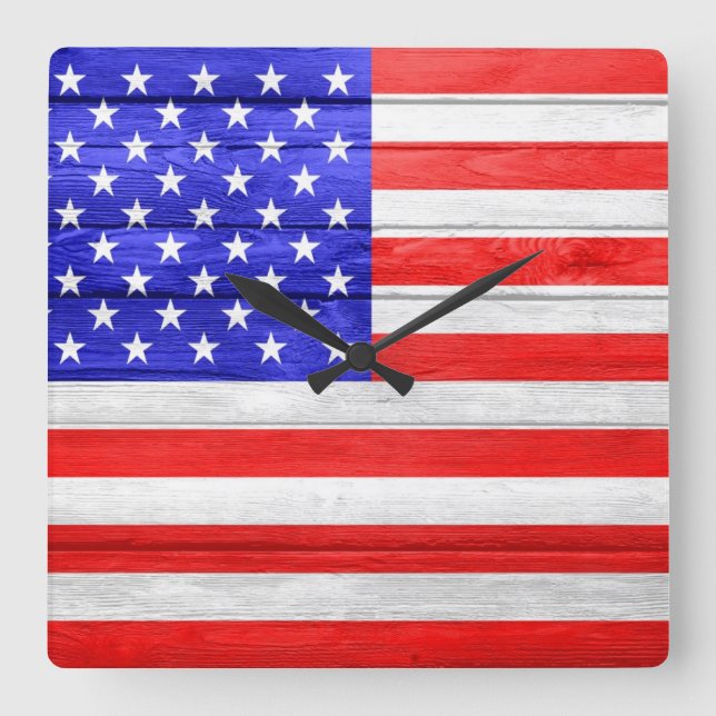 Reloj Cuadrado Madera de la bandera americana (Anverso)