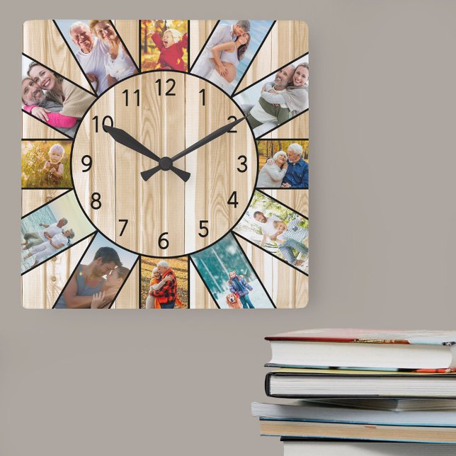 Reloj Cuadrado Madera de pino Collage de fotos familiar personali (Photo clock with 12 photos, one at each hour. Great design for your home or a thoughtful photo gift.)