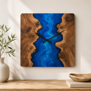 Reloj Cuadrado Madera Falsa de Resina de Río Azul
