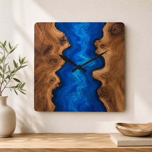 Reloj Cuadrado Madera Falsa de Resina de Río Azul (Subido por el creador)