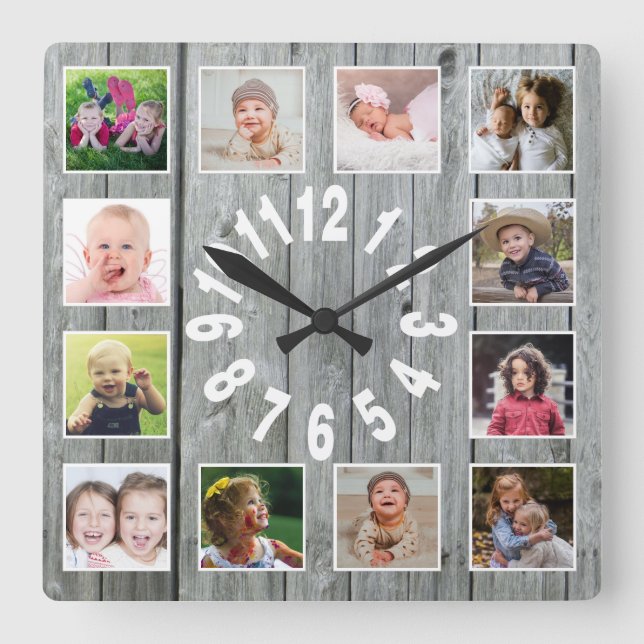 Reloj Cuadrado Madera gris 12 Collage de fotos familiar (Anverso)
