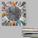 Reloj Cuadrado Madera gris Collage de fotos familiar personalizad<br><div class="desc">Reloj de fotos cuadrado personalizado con tus fotos favoritas. La plantilla de fotos está preparada para que usted agregue 12 de sus imágenes trabajando en el sentido de las agujas del reloj desde arriba. Este moderno diseño de madera gris, de números blancos, luce una decoración contemporánea o campestre. Para este...</div>